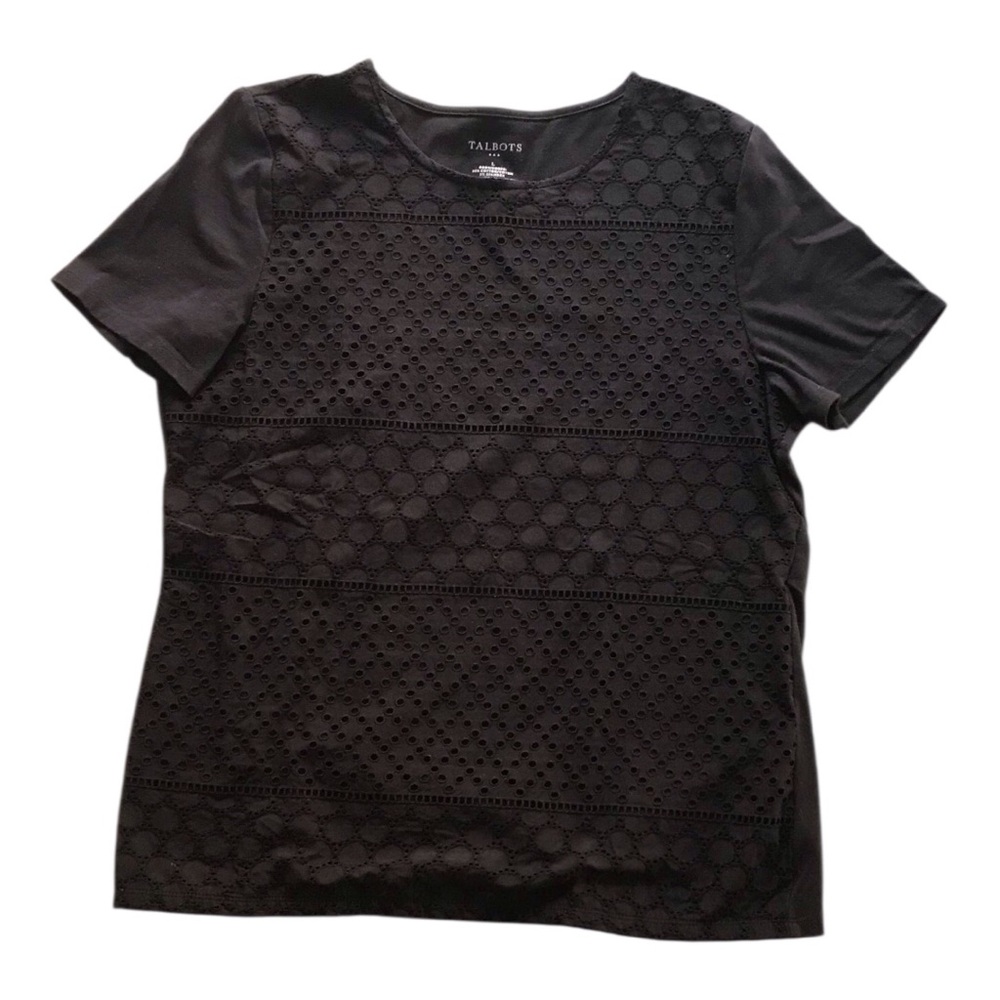 Talbots Eyelet Black Scoop Neck Short Sleeve T-shirt - Size Medium